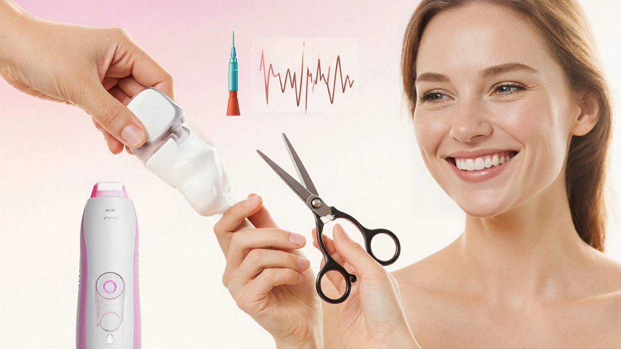 Рука кладет ножницы и крем рядом с выключенным лазером, на фоне альтернативных методов удаления волос.