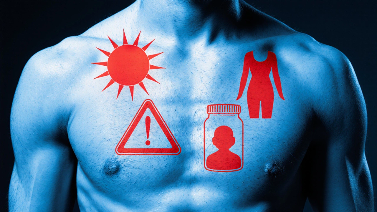 Силуэт тела с наложенными предупреждающими символами: солнце, беременность, татуировка, таблетки, припадок.