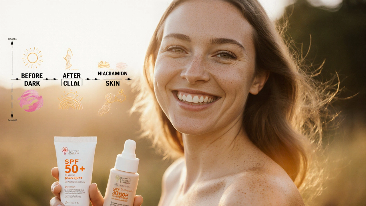 Женщина с ровной кожей без макияжа, держит солнцезащитный крем и увлажняющее средство.