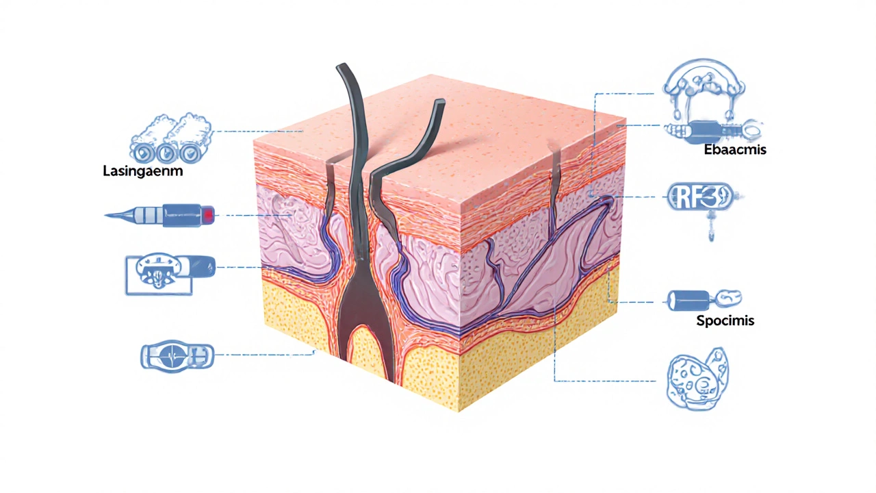 Анатомическое изображение слоев кожи с воздействием лазера и инъекций.