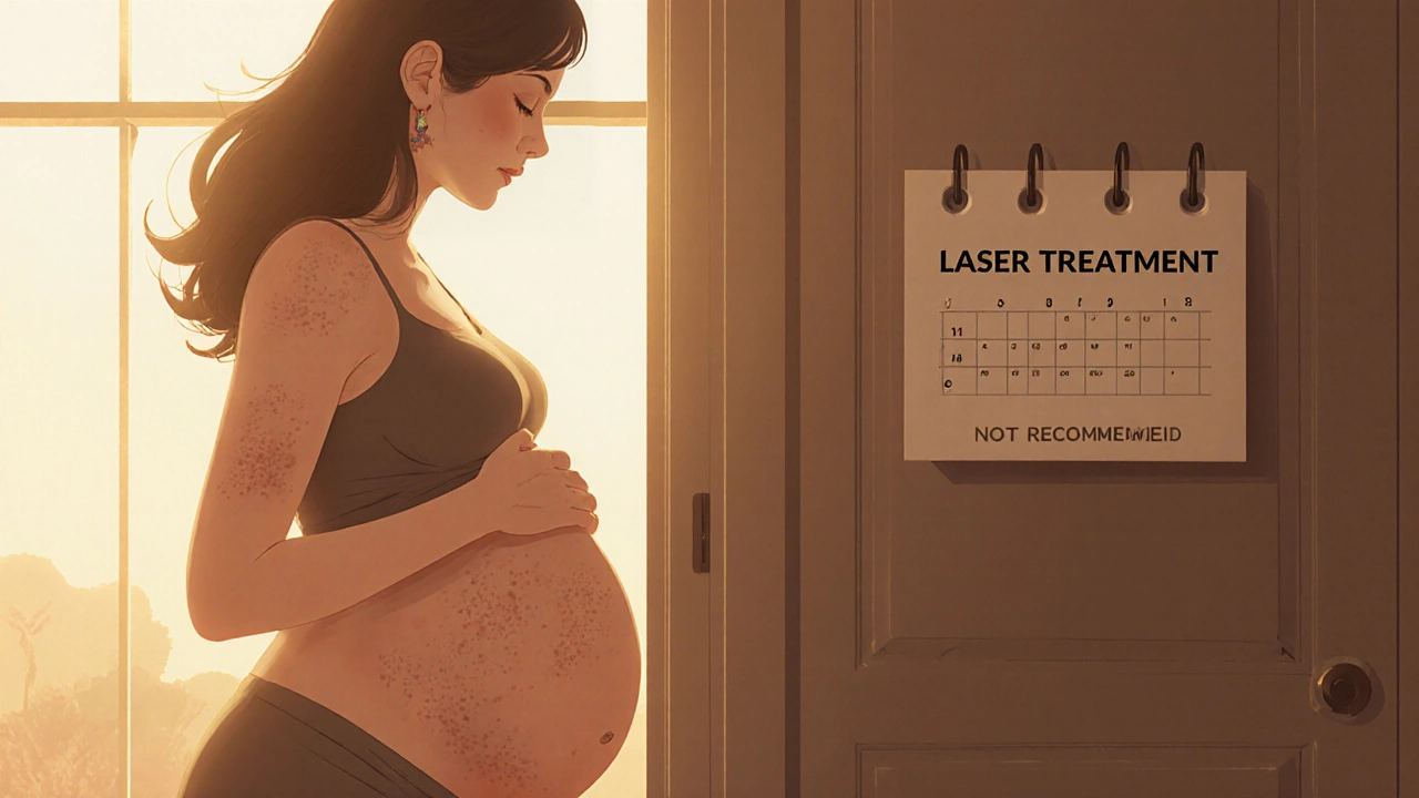 Беременная женщина стоит у двери с запрещающей надписью, мягкий свет, рука на животе.