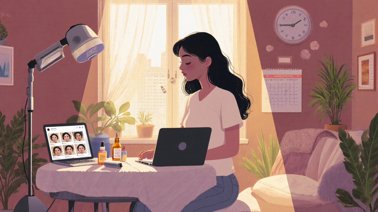 Фрилансер-эстетист работает в домашнем кабинете с портативным оборудованием.