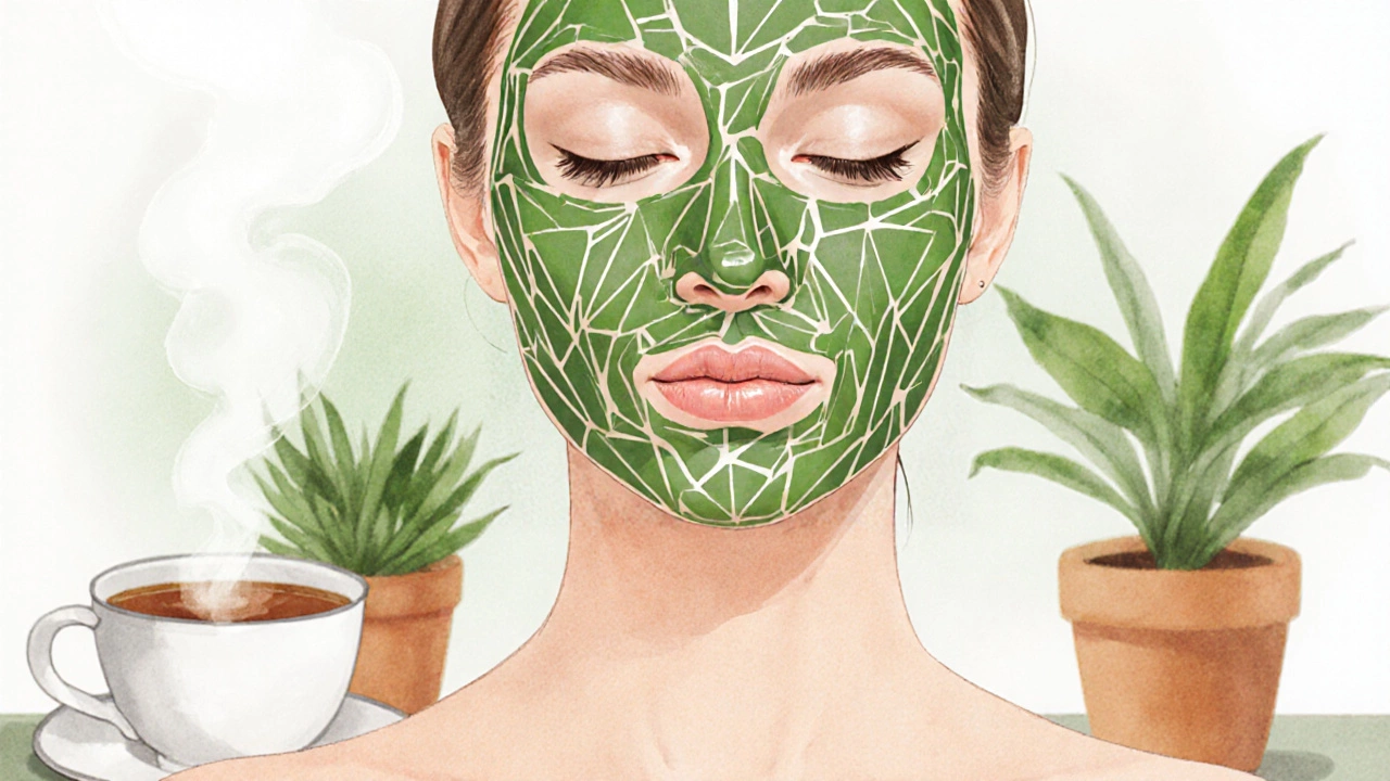 Лицо с маской из зеленого чая и глины, визуальный эффект подтяжки скул и челюсти, прохладные тона.