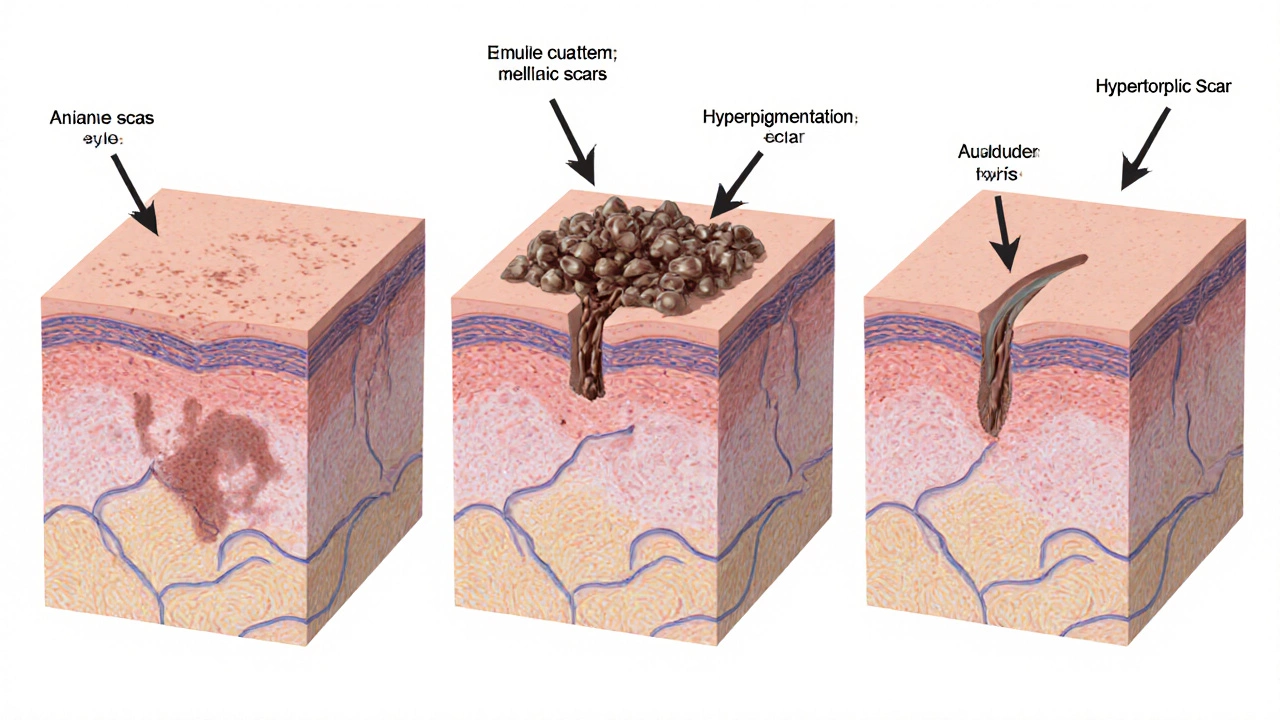 Медицинская иллюстрация поперечного среза кожи, показывающая различия между гиперпигментацией и атрофическими рубцами.