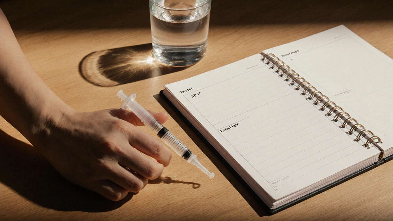 Ручка с гиалуроновой кислотой рядом со стаканом воды и ежедневником с пометками SPF и ретиноидом.