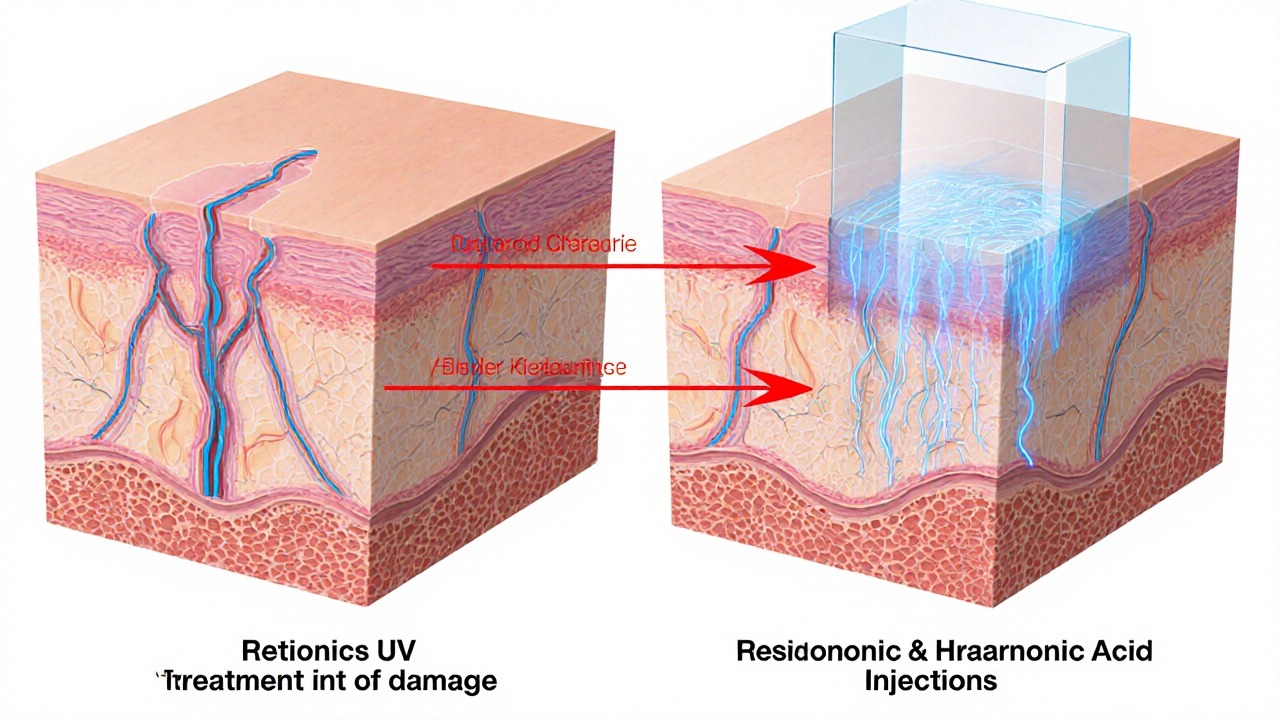 Схематическое изображение кожи: разрушенные волокна коллагена и восстановленные после лечения.