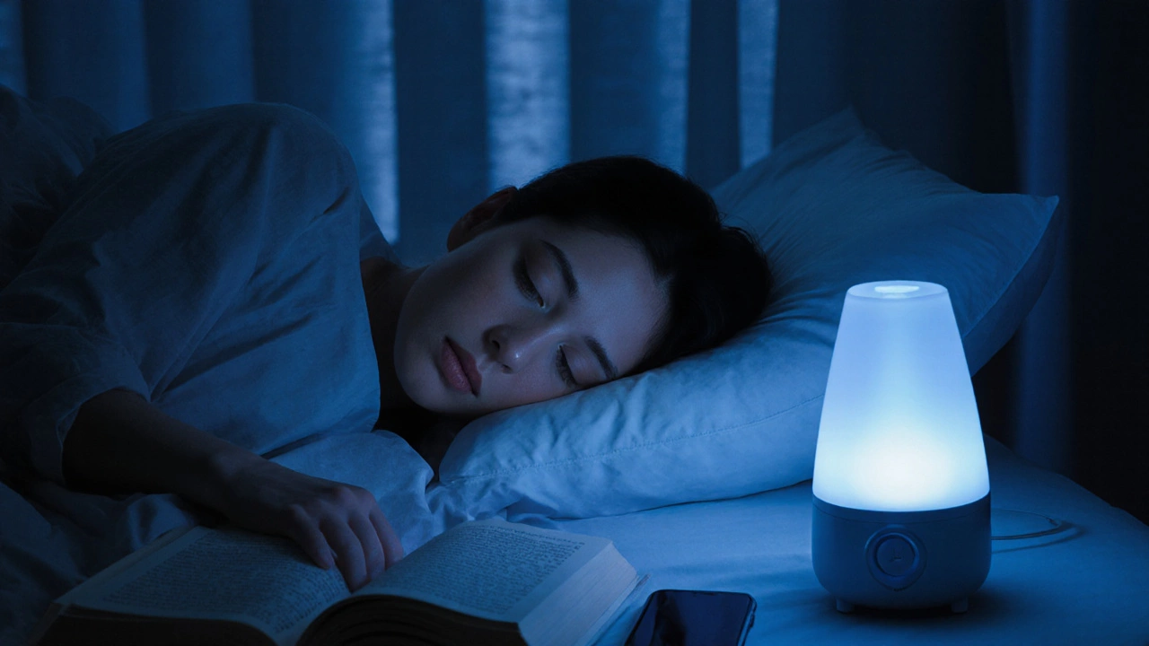 Спящий человек с сияющей кожей в тихой комнате, рядом — книга и увлажнитель воздуха.