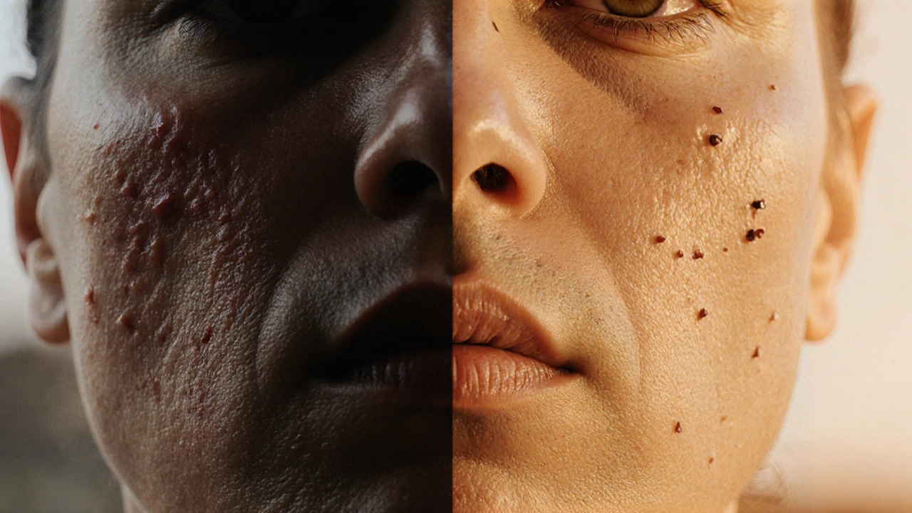 Сравнение кожи до и после лазерной терапии: шероховатая текстура слева, гладкая и сияющая — справа.