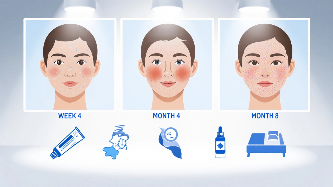 Три этапа лечения акне: от воспалений к чистой коже с символами средств.