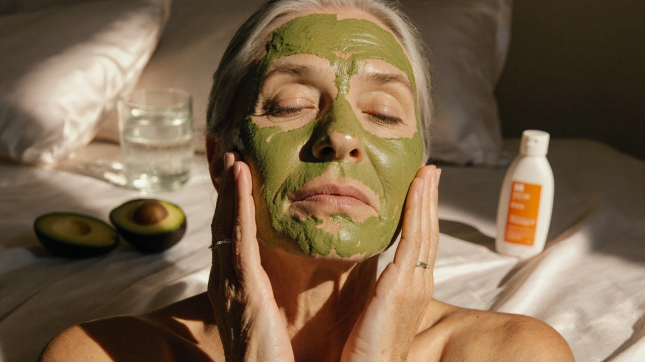 Женщина делает массаж лица после маски из авокадо и творога, кожа сияет, атмосфера ухода и заботы.