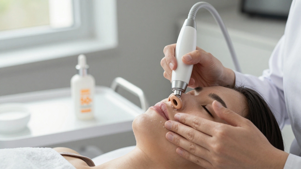 Дерматолог применяет ультразвуковое устройство для мягкого пилинга кожи лица в чистой клинической обстановке.