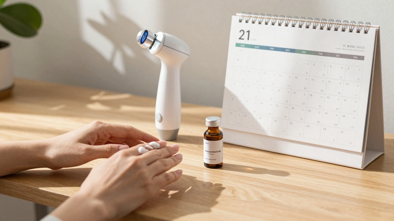 Элементы ухода за кожей на фоне календаря с сезонными циклами: крем, аппарат, ампула и крио-спрей.