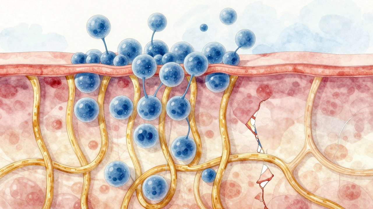 Художественное изображение клеток кожи, где коллаген восстанавливается под действием пептидов и ретинола.
