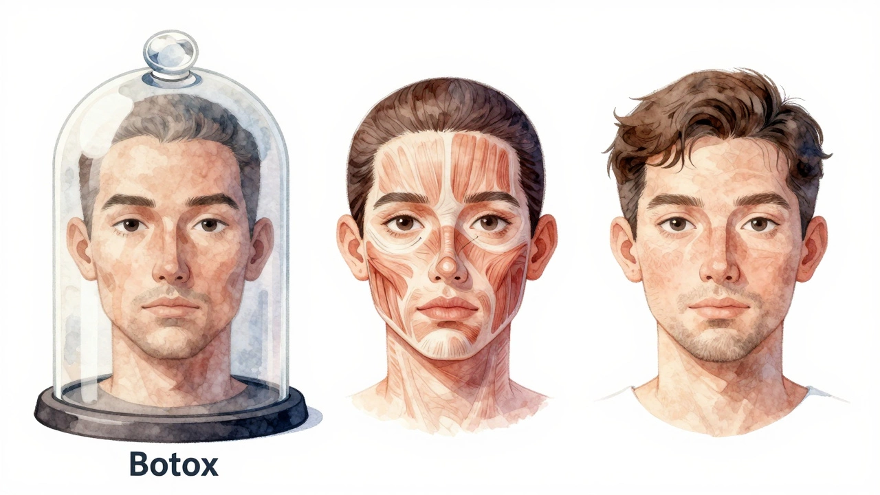 Иллюстрация постепенного восстановления мышц лица после отмены ботокса: от замороженного состояния к естественной мимике.