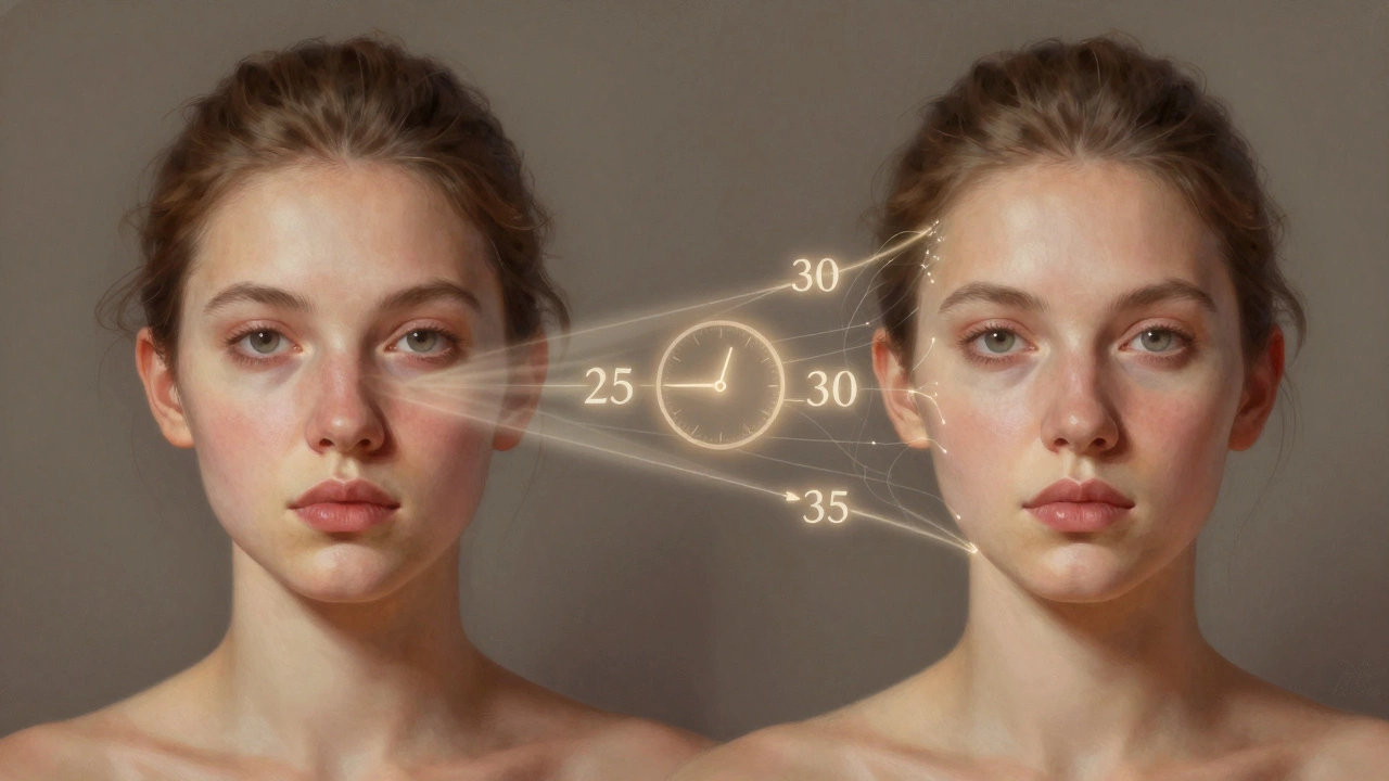 Концептуальное изображение двух этапов кожи: молодой и ухоженной в 40 лет, соединённых светящимися волокнами коллагена.