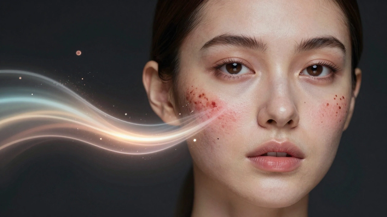 Лицо женщины, где одна половина показывает следы акне, а другая — гладкую кожу после лечения, окутанная светом восстановления.