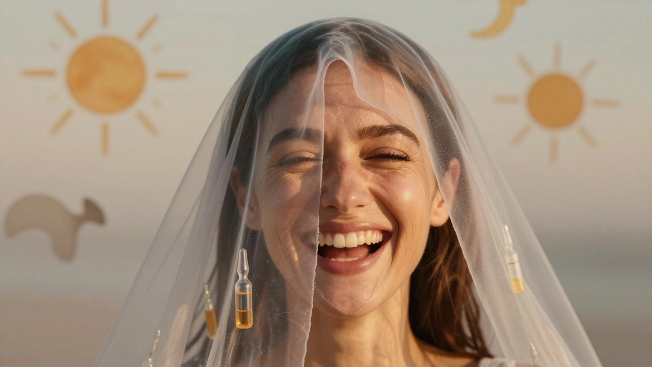 Лицо женщины наполовину покрыто исчезающими ампулами ботокса,另一半 выражает искреннюю радость с естественными морщинами.