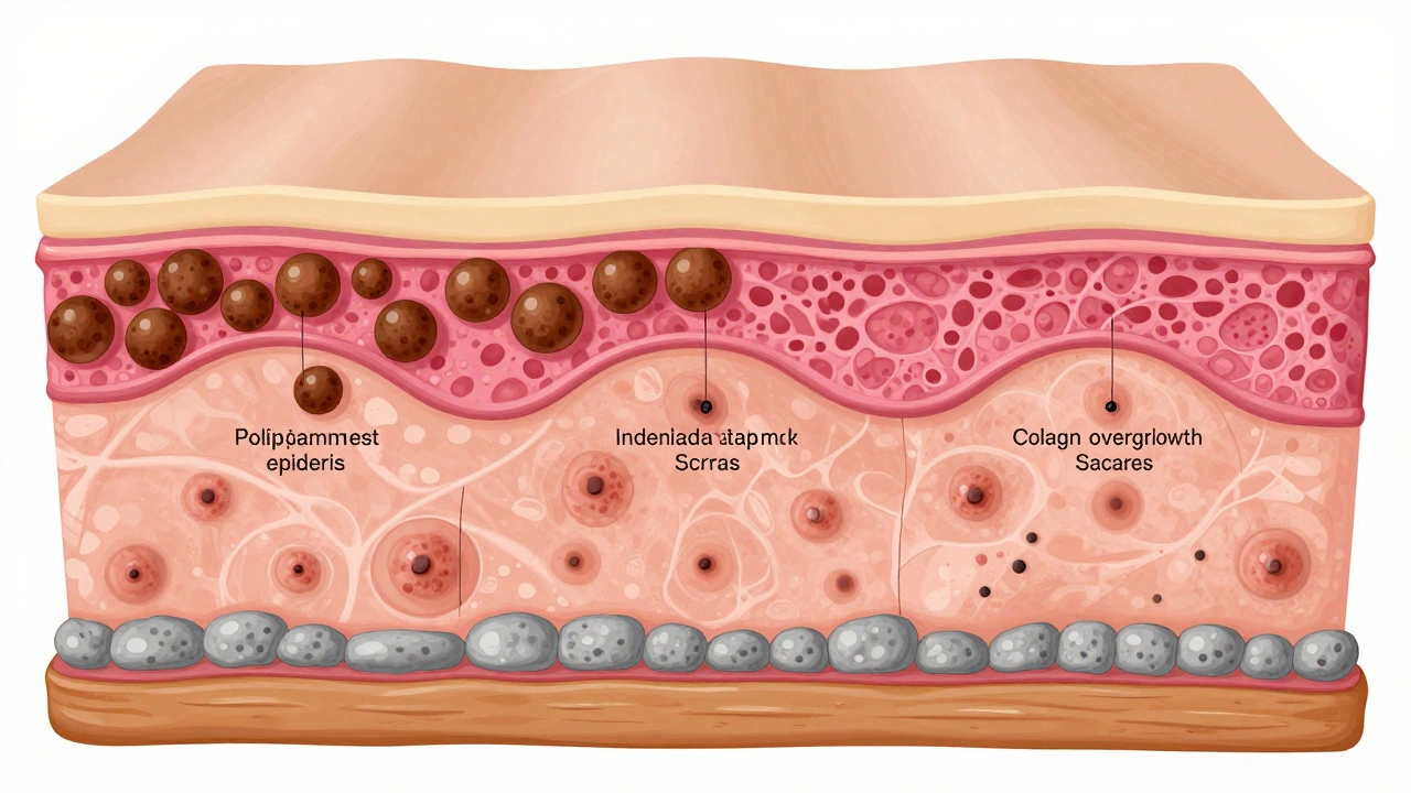 Медицинская иллюстрация поперечного среза кожи с типами рубцов: пигментация, вдавленные и выпуклые дефекты.