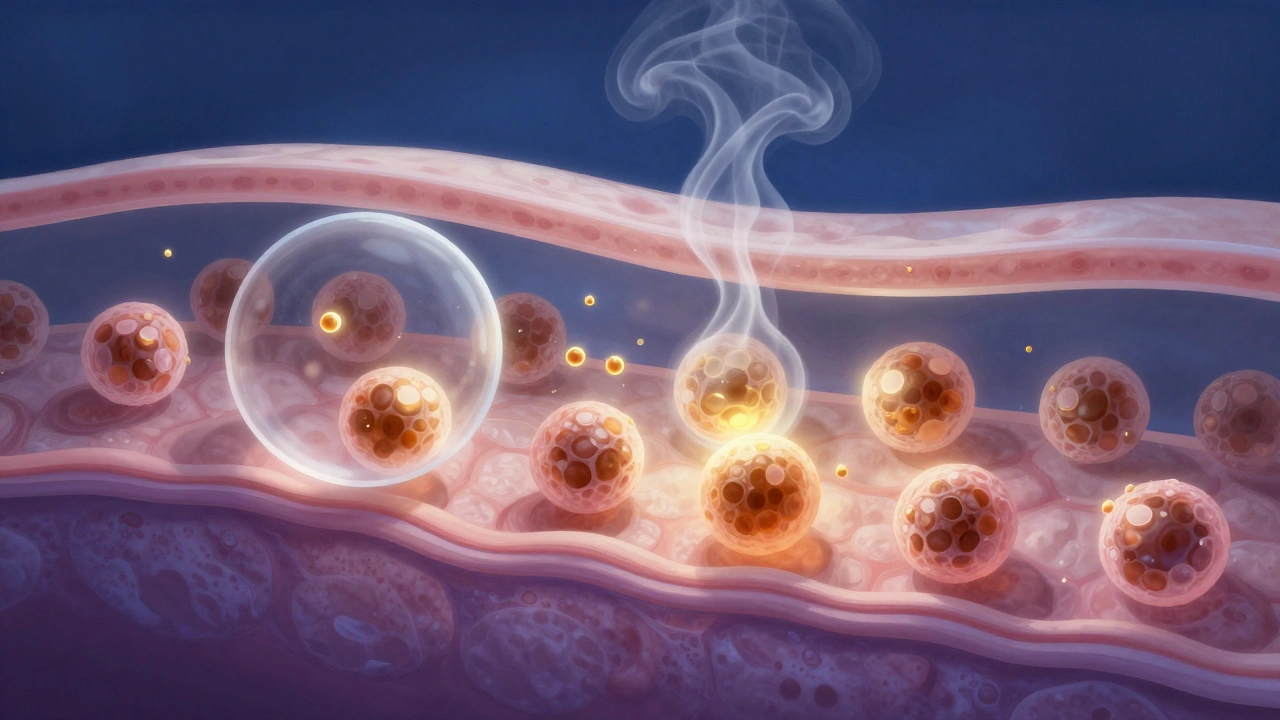 Микроскопическое изображение меланоцитов, выделяющих меланин в клетки кожи, золотисто-коричневые частицы в тканях.