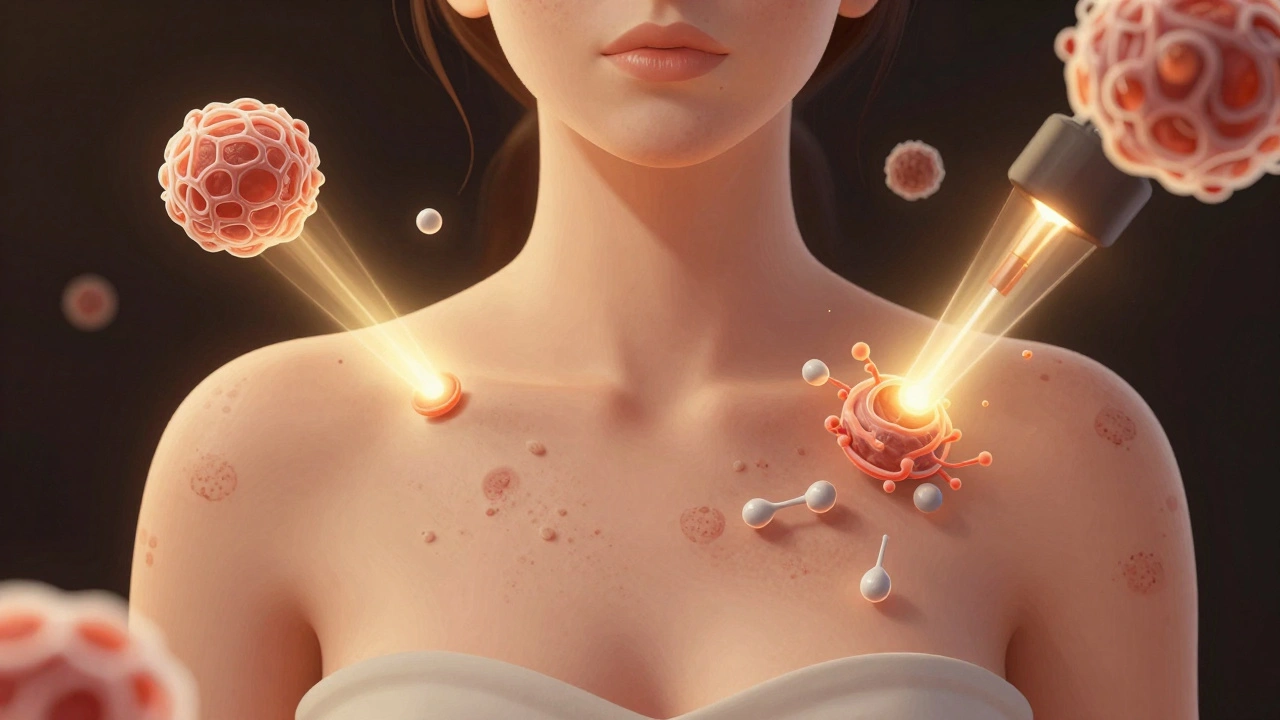 На спине и груди видны вмятины от прыщей, вокруг — визуализация восстановления кожи.