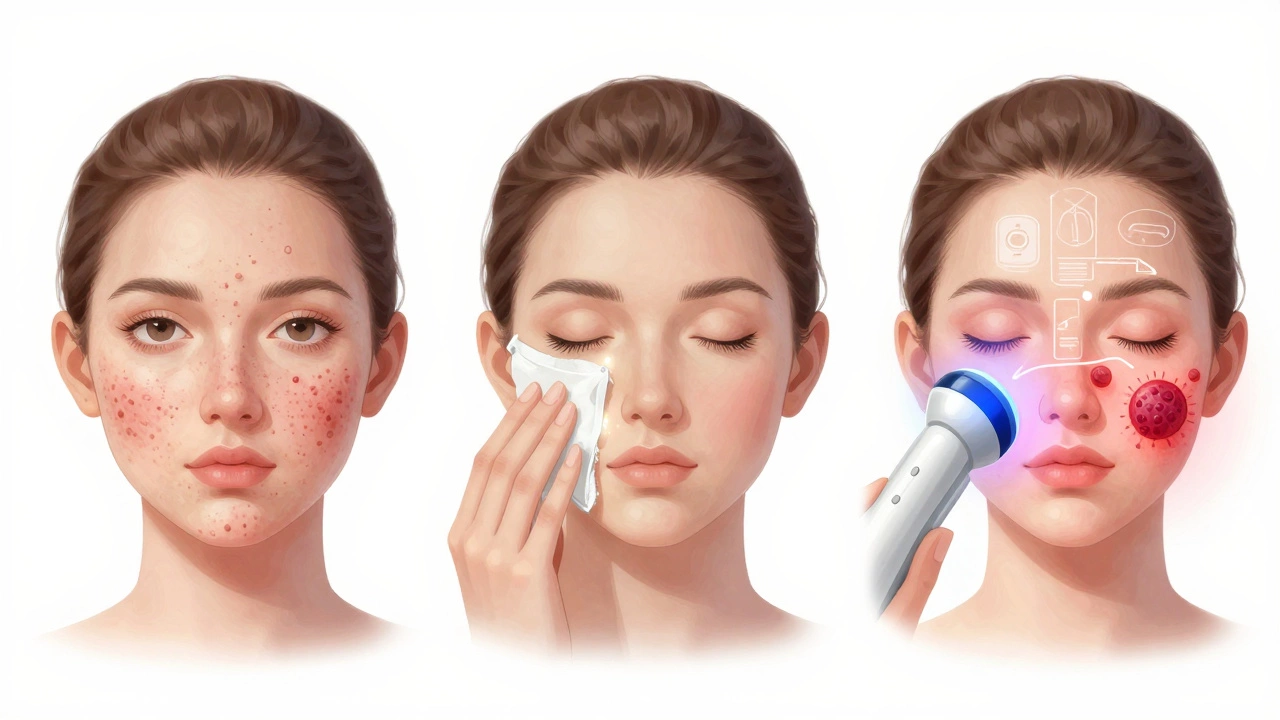 Процесс лечения акне: химический пилинг и лазерное воздействие на бактерии под кожей.