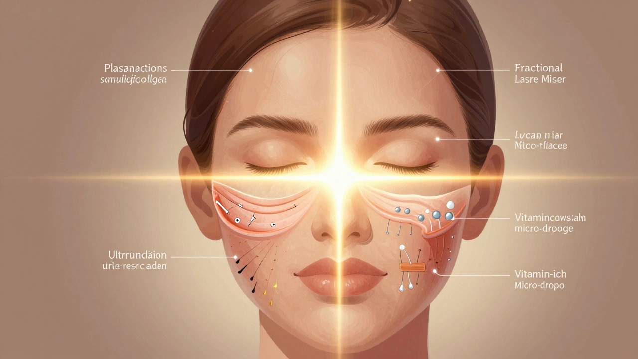 Разделённое изображение лица, демонстрирующее четыре метода омоложения кожи.