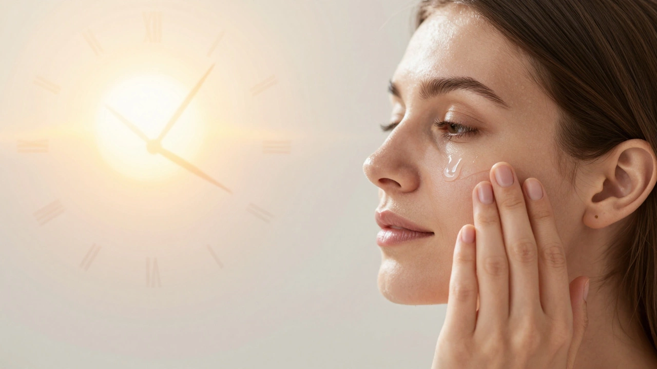 Рука наносит сыворотку на лицо, за спиной — символы солнца и времени.