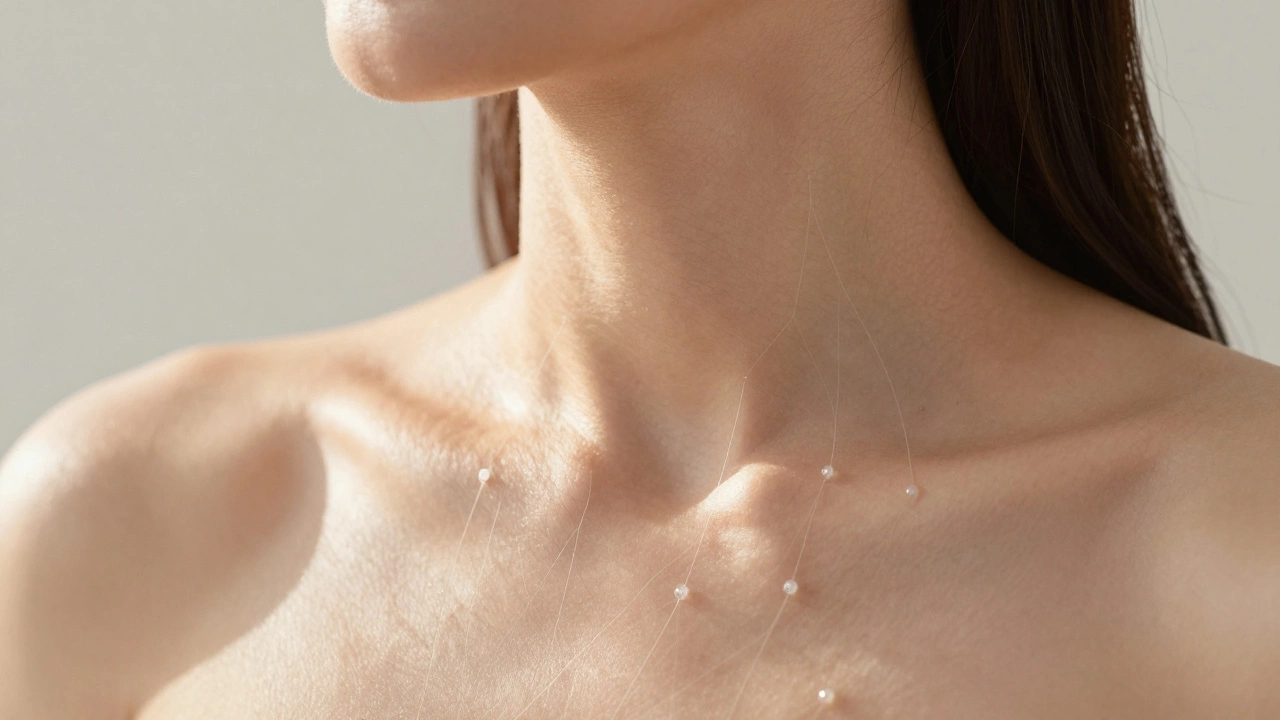 Шея и зона декольте с улучшенной текстурой кожи, видны восстанавливающие сети внутри кожи