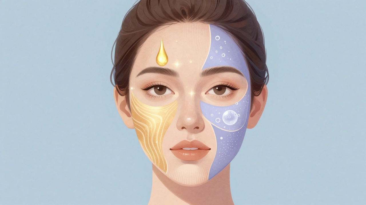 Схематичное изображение лица с пятью типами процедур: мезотерапия, RF-лифтинг, пилинг, озонотерапия и ультразвук.