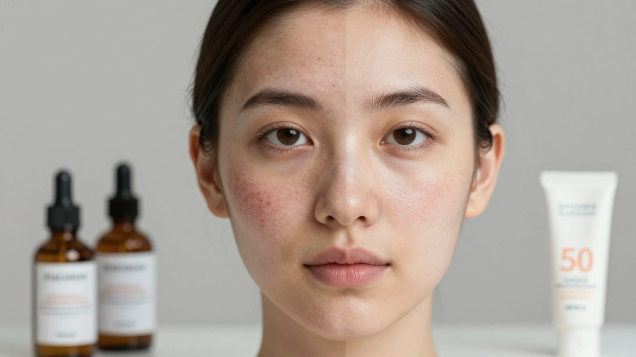 Сравнение лица до и после лечения следов от прыщей: слева — пигментация и рубцы, справа — гладкая кожа.