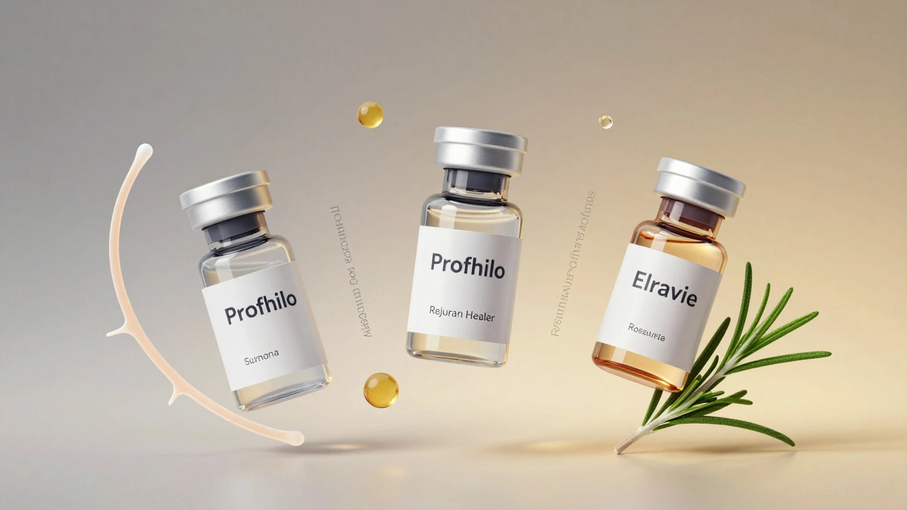 Три виала биоревитализантов с символами их активных компонентов: коллаген, полинуклеотиды, антиоксиданты