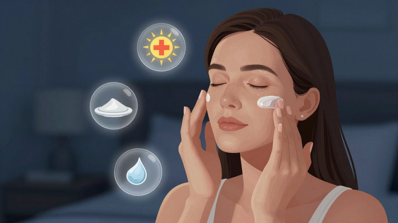 Женщина 30 лет наносит крем с ретинолом вечером, вокруг неё парят активные ингредиенты и символ солнца.