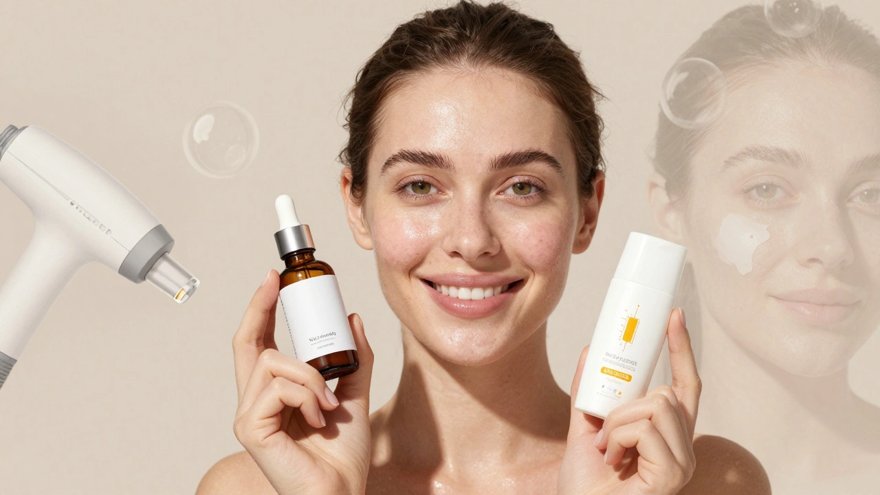 Женщина с чистой кожей держит сыворотку и солнцезащитный крем после успешного лечения акне.