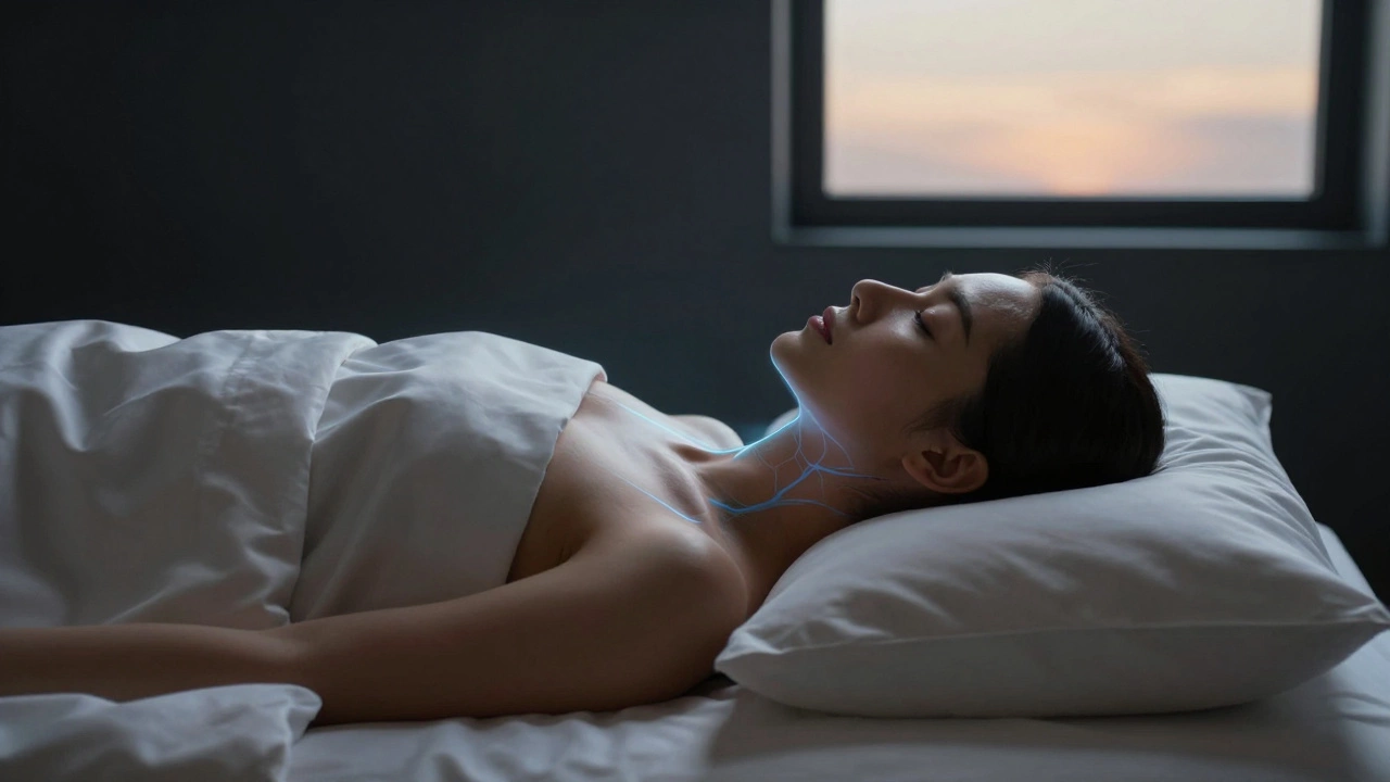 Женщина спит на спине на шелковой подушке, мягкий свет подчеркивает контуры лица.