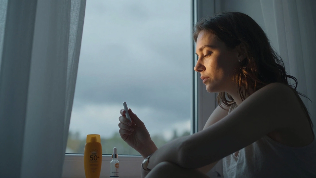 Женщина у окна в пасмурный день в Калининграде, на лице — следы пигментации, рядом солнцезащитный крем и сыворотка.