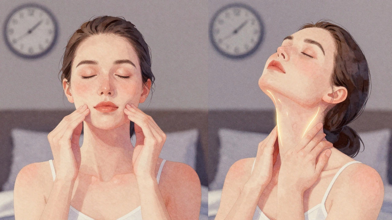 Женщина выполняет упражнения для мышц лица: выдвигает челюсть и запрокидывает голову.