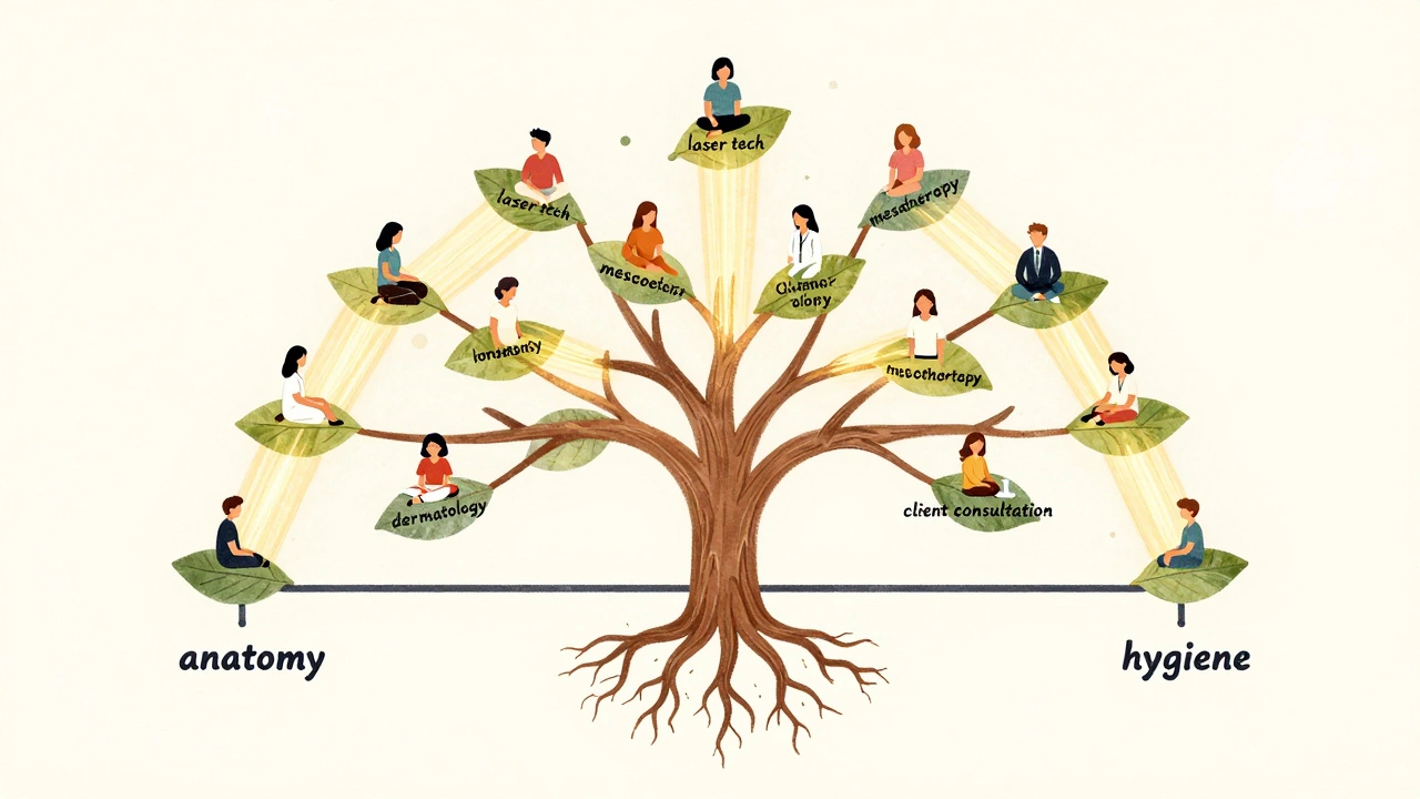 Дерево знаний косметолога с корнями в анатомии и ветвями процедур