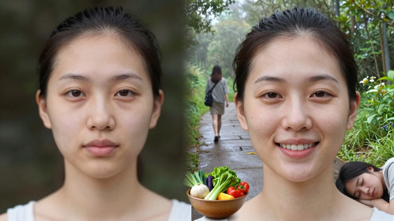 Контраст: искусственный фильтр слева и естественное лицо справа, вокруг — элементы здорового образа жизни.