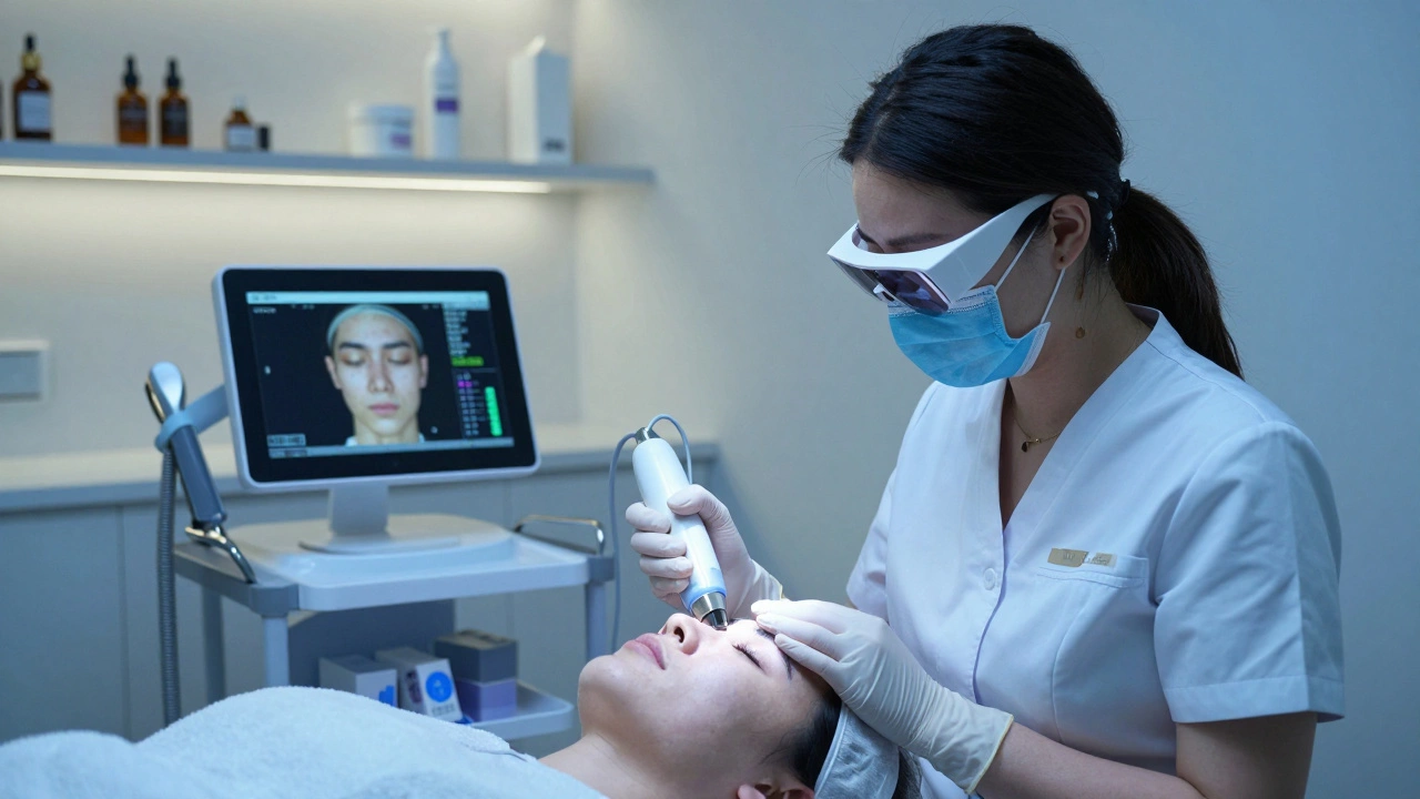 Косметолог проводит лазерную процедуру в элитном салоне