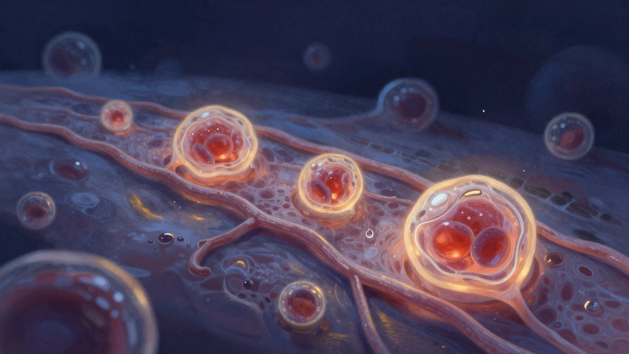 Микроскопическое изображение восстановления кожи: коллаген, гиалуроновая кислота и церамиды в темном фоне.