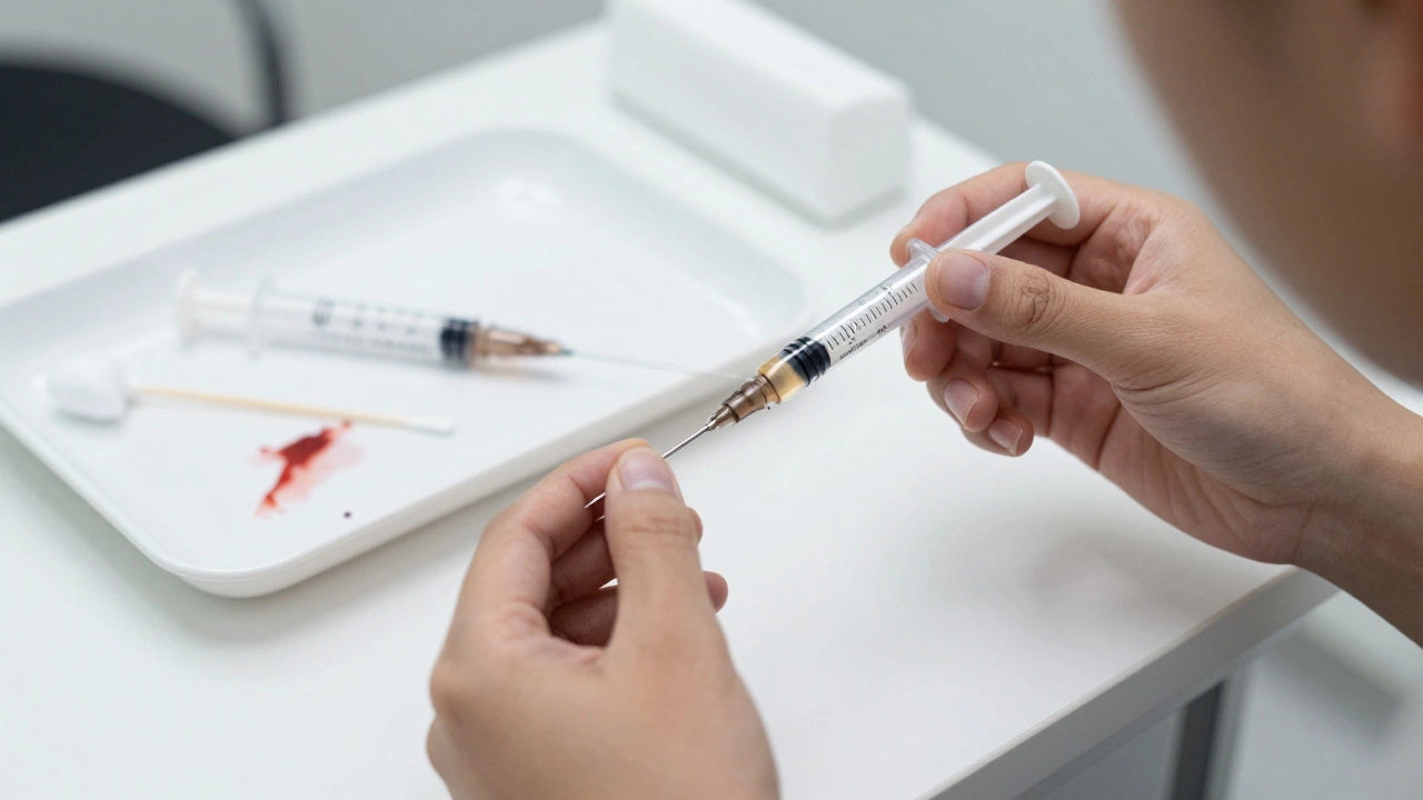 Нестерильная игла рядом с новой запечатанной syringe в косметологическом кабинете.