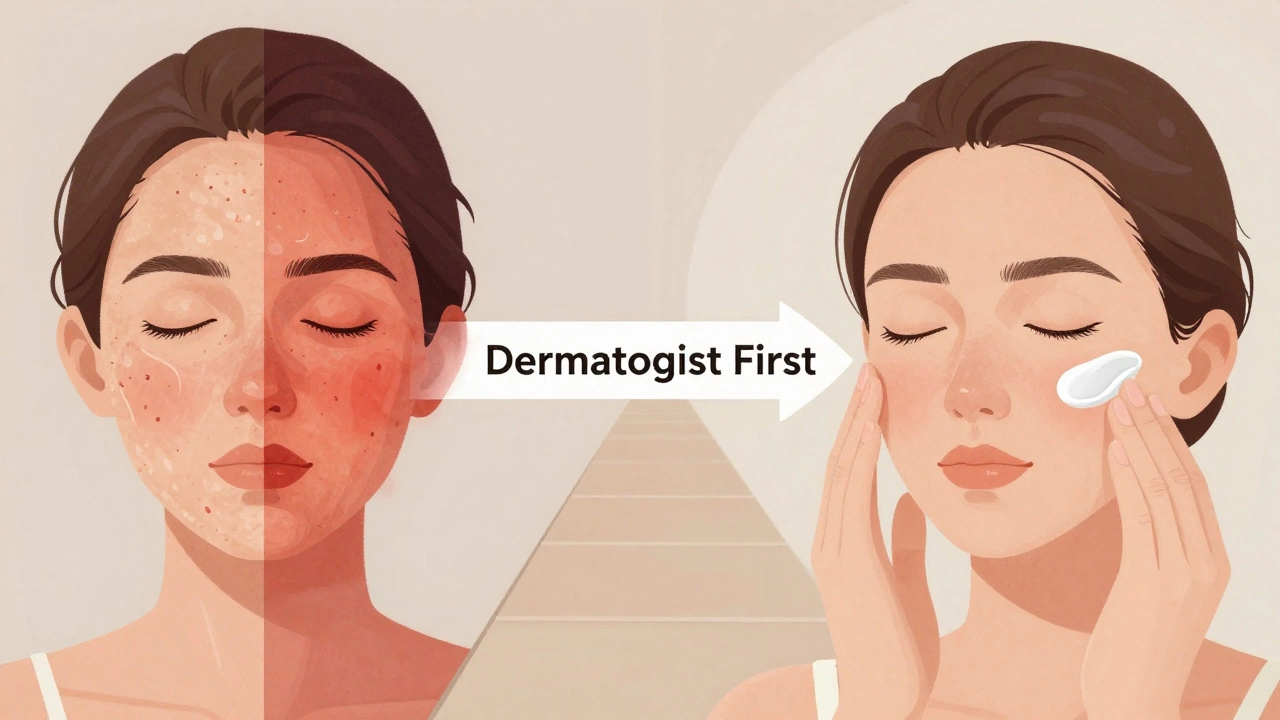 Разделённое изображение лица: одна сторона — воспалённая кожа после агрессивных процедур, другая — здоровая кожа с уходом.