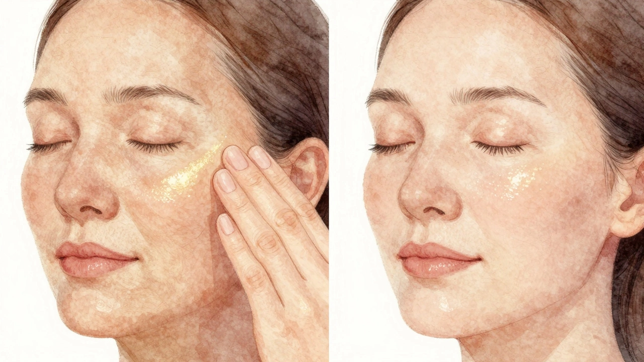 Рука наносит молочную кислоту на зрелую кожу, эффект обновления показан в двух частях изображения.