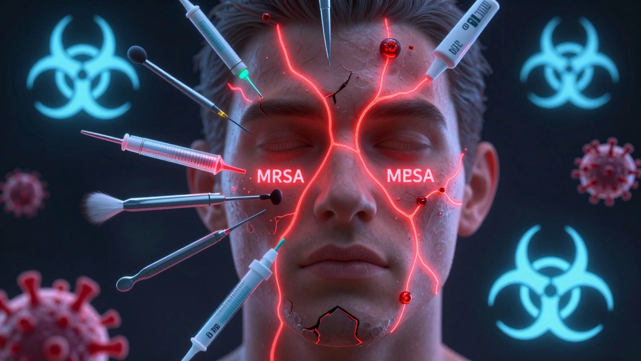 Схематичное изображение вирусов и бактерий, проникающих в кожу через загрязнённые инструменты.