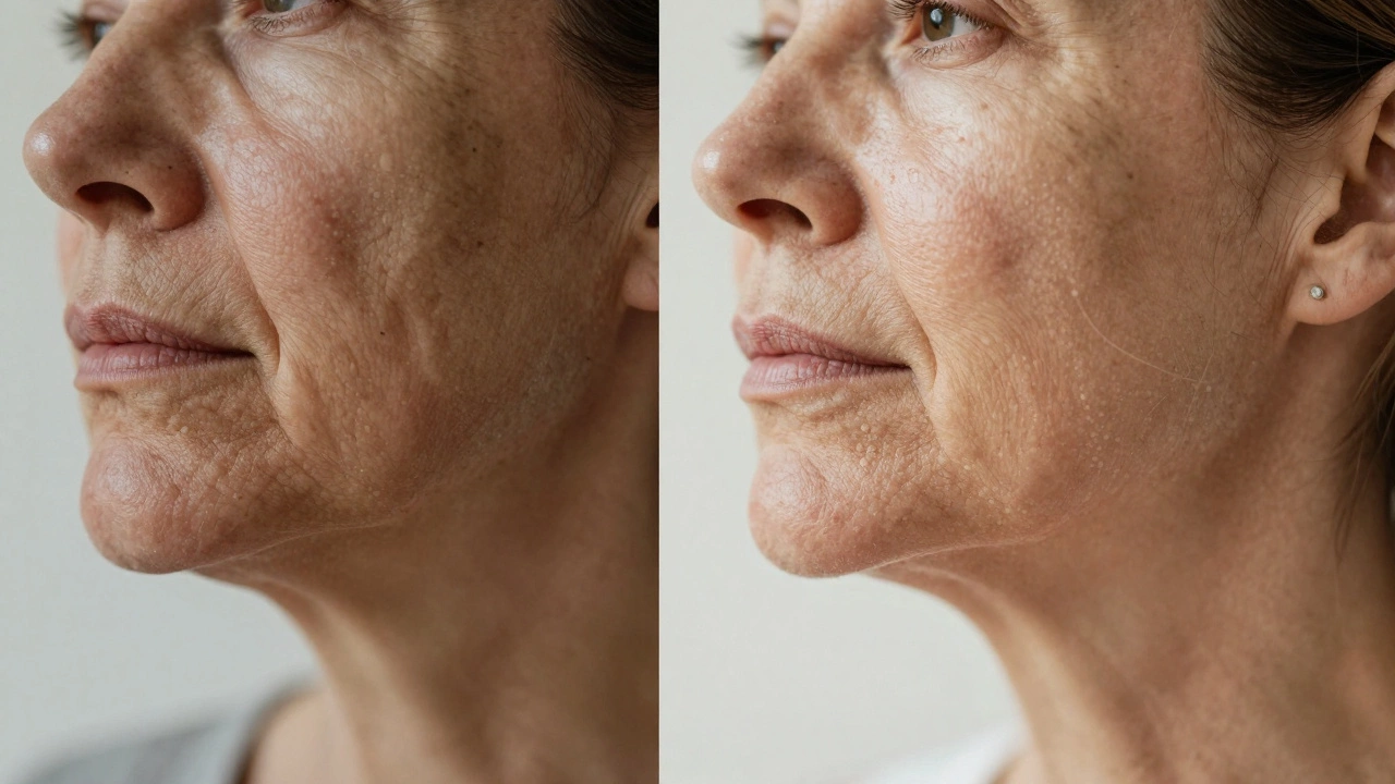 Сравнение до и после: с одной стороны — провисшие брыли, с другой — подтянутый овал лица с естественным сиянием.