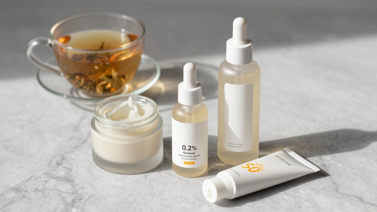 Три безопасных средства для пилинга после 50: ферменты, ретинол и лактат, рядом с кремом от солнца.