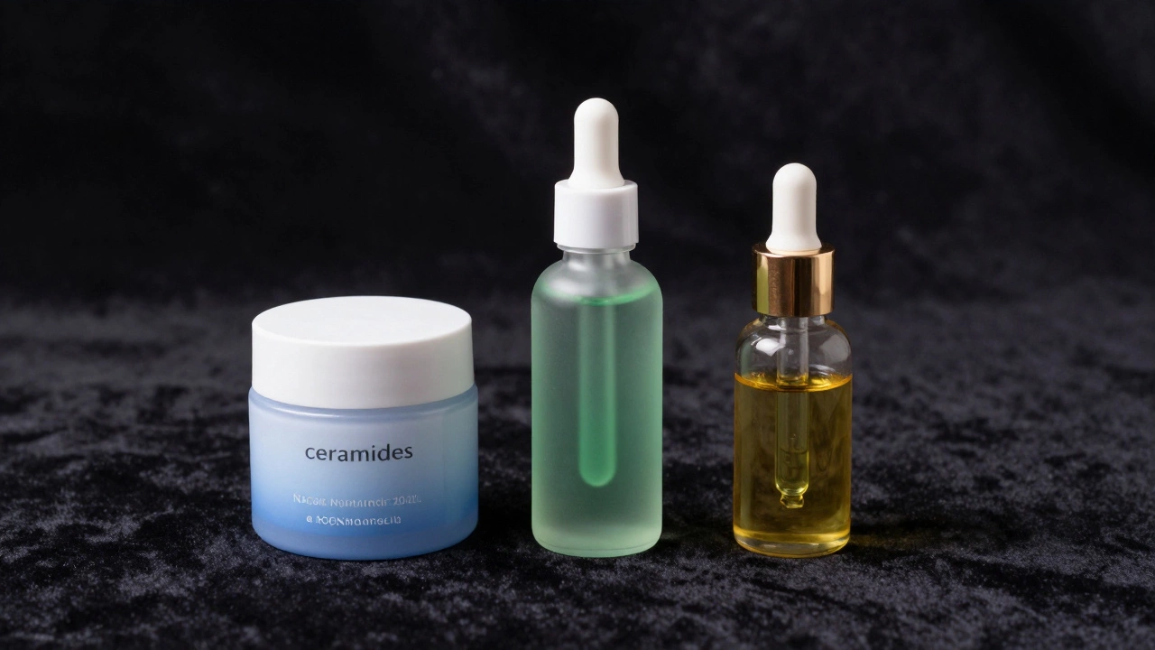 Три формата ухода за кожей: крем, сыворотка и масло на бархатной поверхности с мягким свечением.