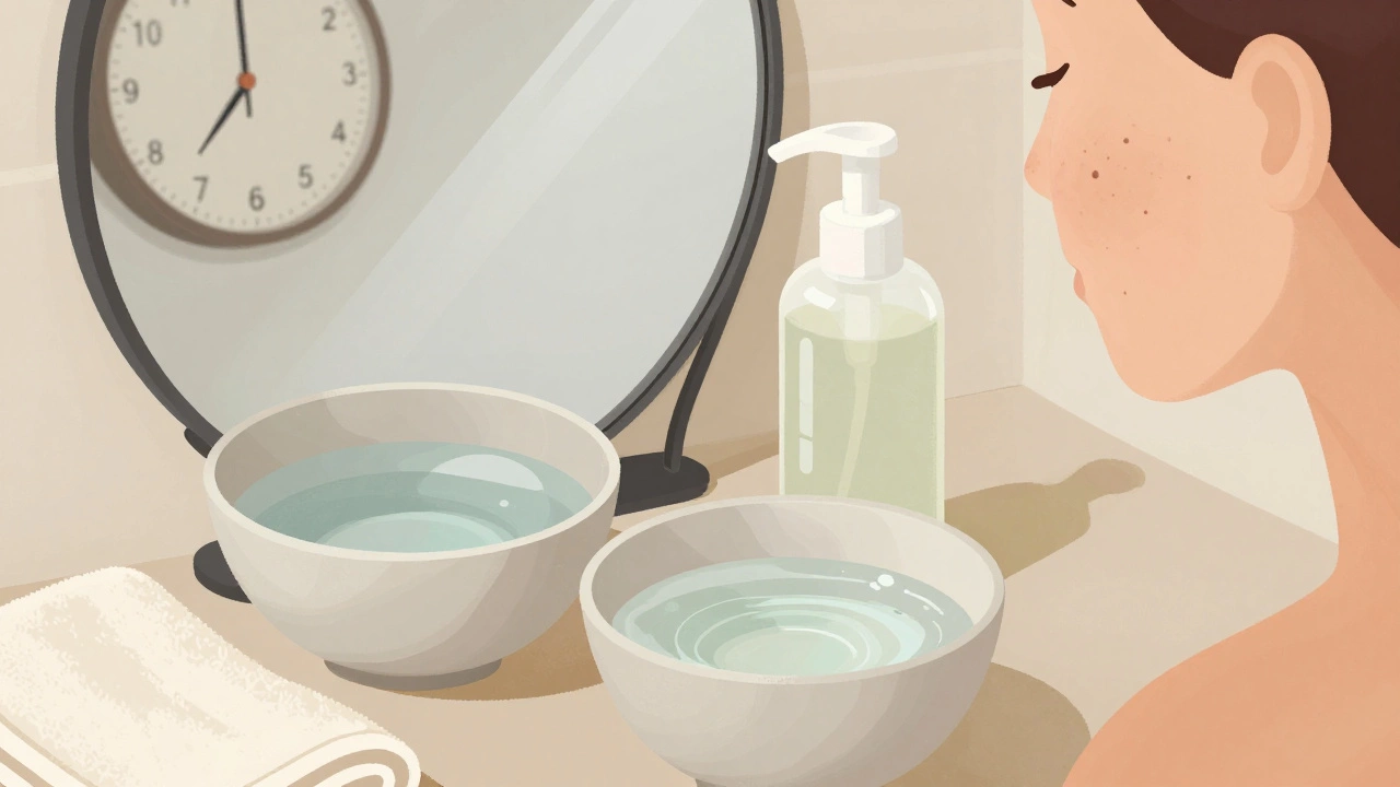 Утренний и вечерний уход: два средства для умывания и часы, символизирующие правильный ритм.