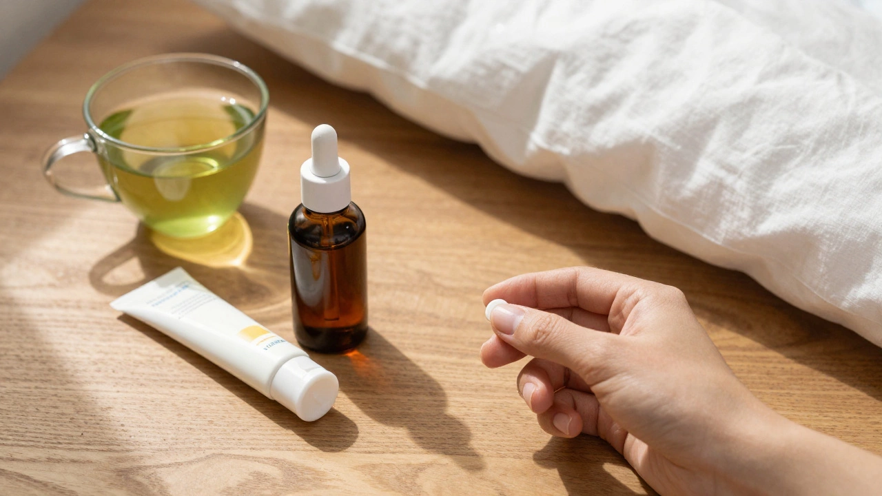 Ежедневный уход за кожей: таблетка витамина С, сыворотка, солнцезащитный крем и чашка чая на деревянном столе.