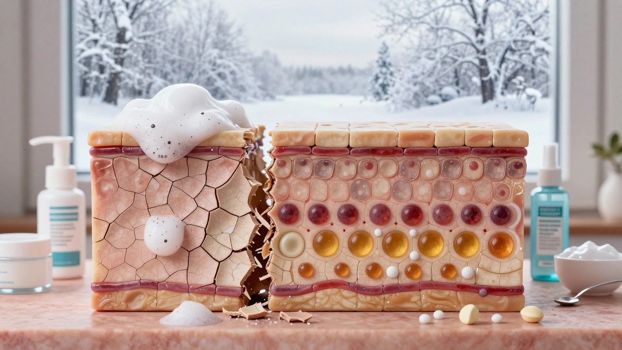 Концептуальное изображение защитного барьера кожи, восстанавливаемого церамидами и пантенолом на фоне зимнего пейзажа.